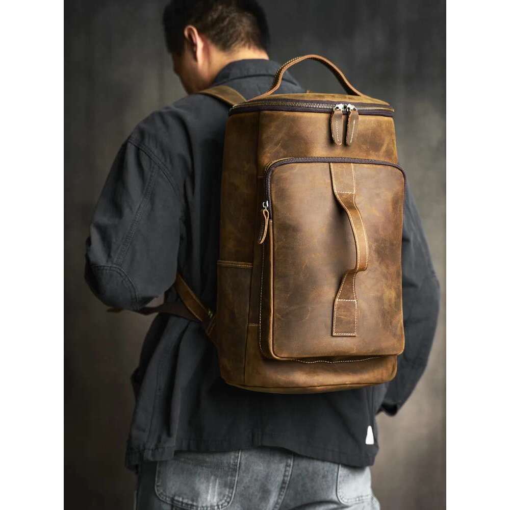 Genuine Leather Men's Backpack Retro Outdoor Gym Bag Cylinder Handbag Camping Commuter Laptop Bag