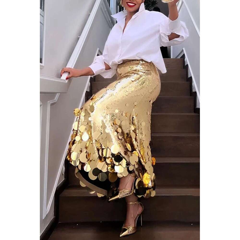 Plus Size Elegant Women's Loose Fit Solid Sequin Skirt Fashion Streetwear Style High Waist Party Skirts