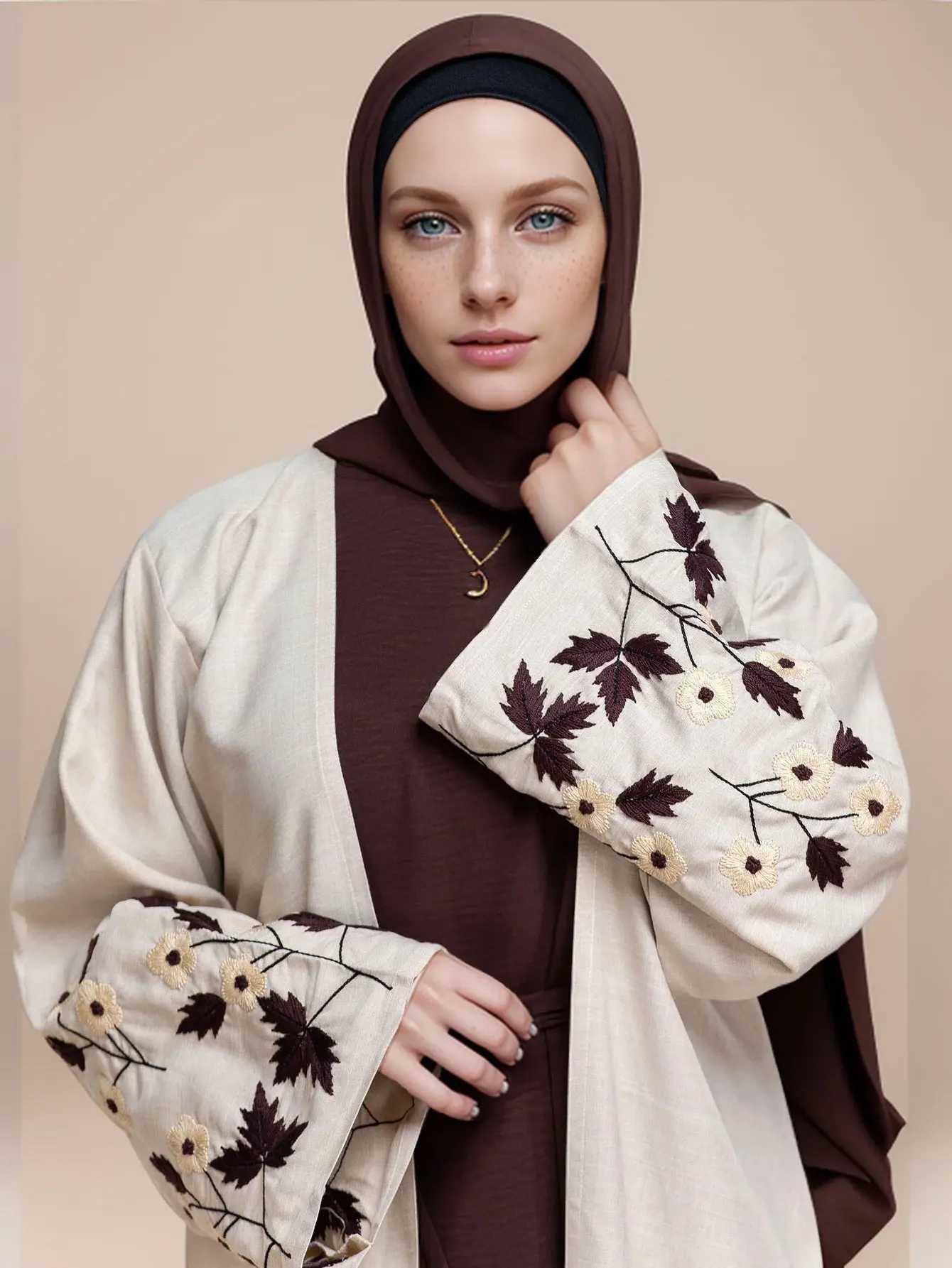 Apricot Color Muslim Abaya Boasting Exquisite Floral Cuff Embroidery Blending Timeless Elegance and Fashion for Ramadan Islamic X250514