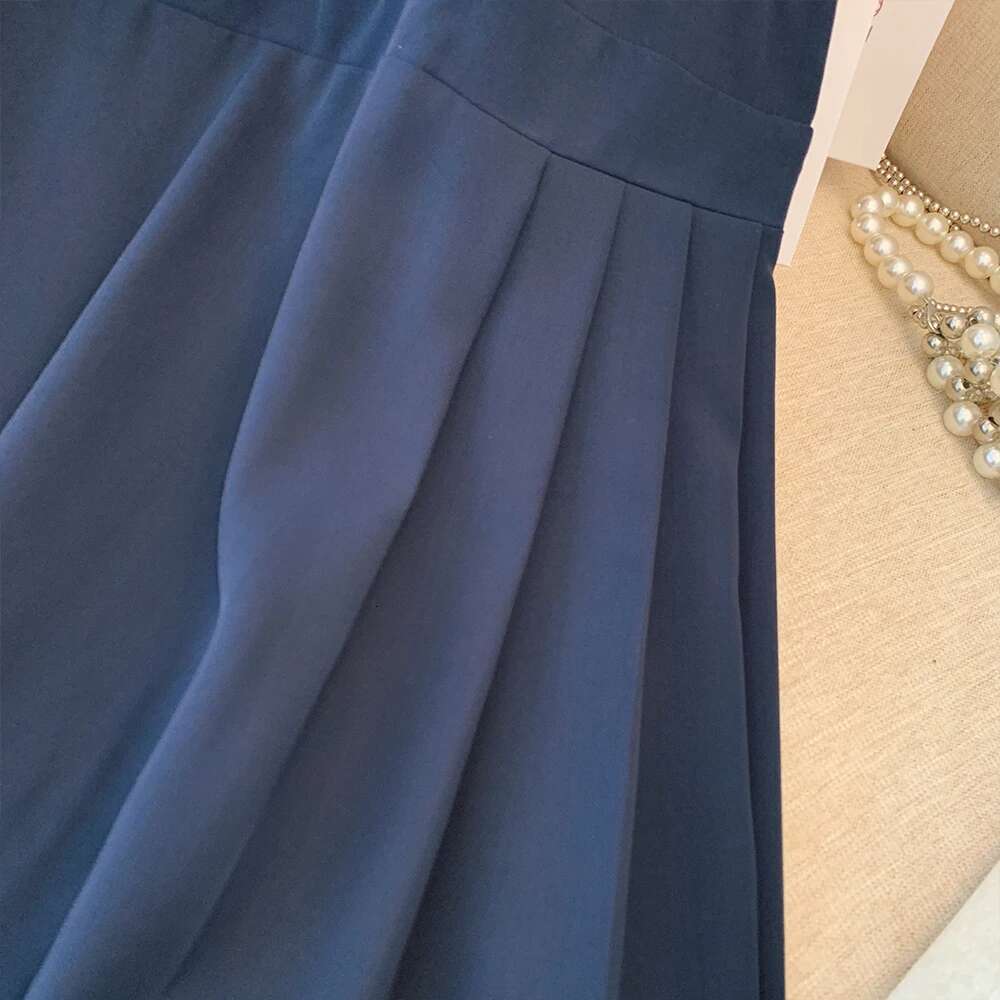 Plus-size Women's summer casual commuting comfort Slip dark blue solid color chiffon waist A-line bow loose skirt