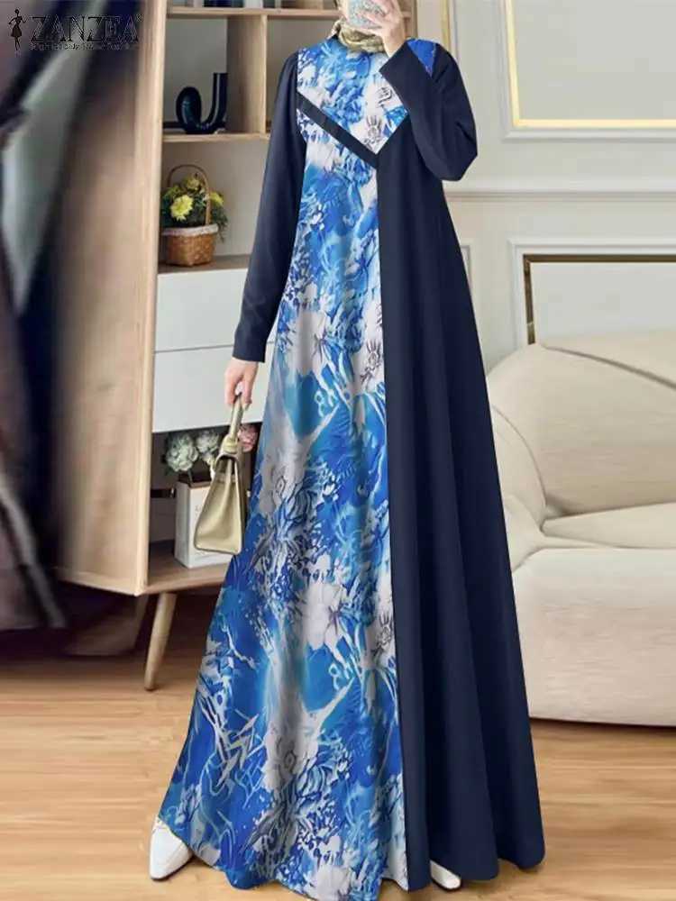 ZANZEA Women Muslim Fashion Floral Printed Patchwork Long Dresses Elegant Islamic Hijab O Neck Abaya Robes Long Slve Vestidos X250514