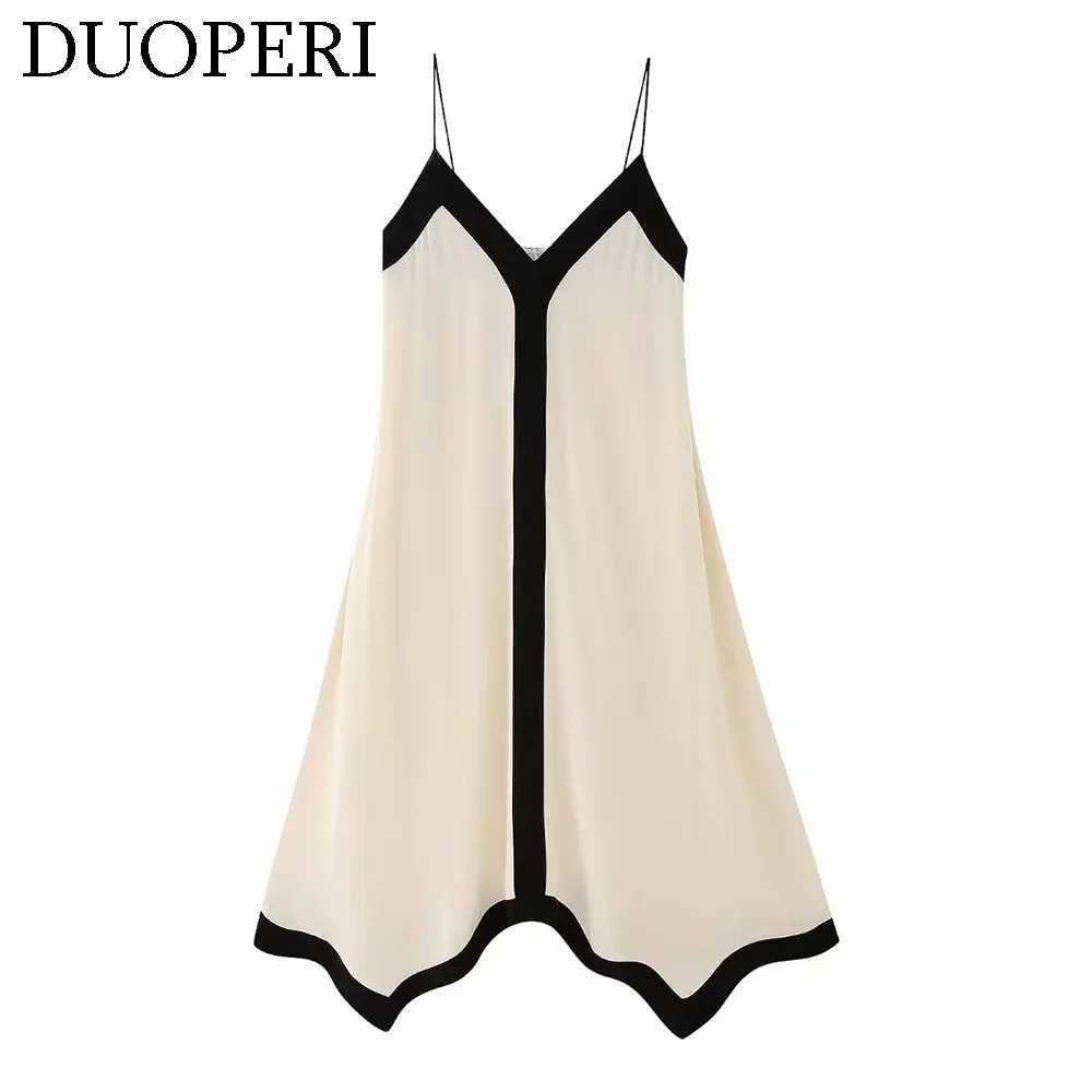 DUOPERI Womens Fashion Patchwork Loose Midi Camisole Dress V-Neck Backless Thin Straps Female Chic Lady Casual Long DressXJ250514
