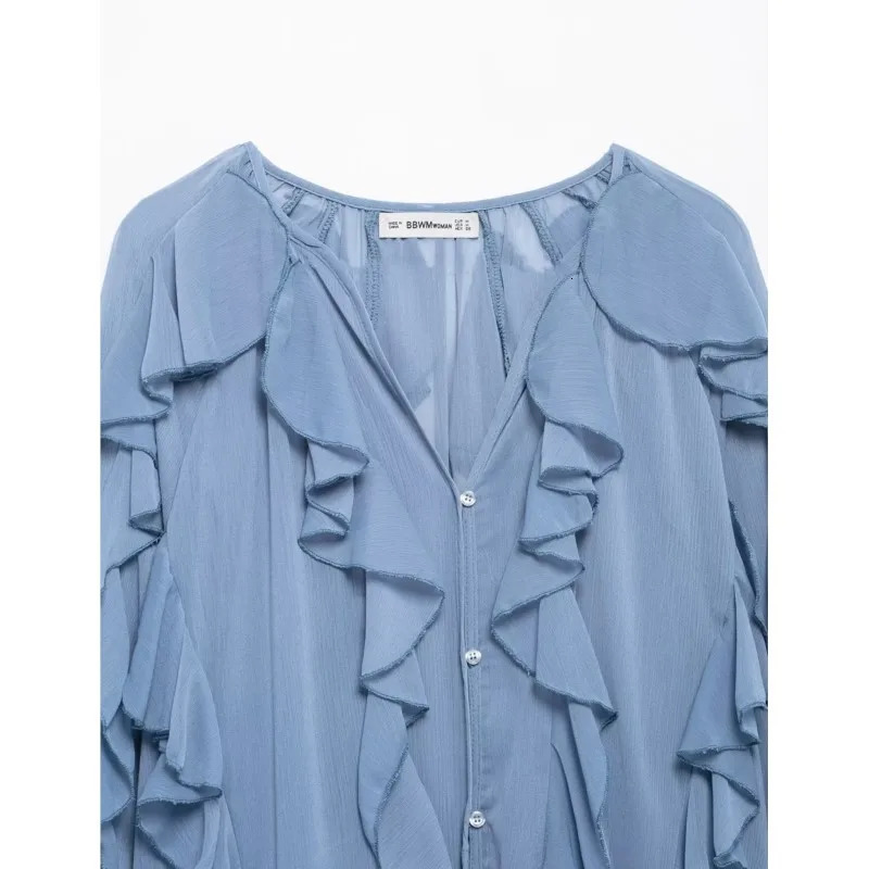 Casual Ruffled Shirt Women Loose Lace Up Hollow Out V Neck Tops Spring Blouses Clothes Shirts 4786063 250514