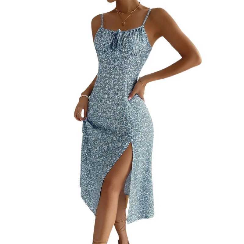 Womens Print Spaghetti Strap Dresses Fashion Leace-up Bodycon Slit Dress Fresh Floral A-line Midi Vestidos Female Summer NewXJ250514