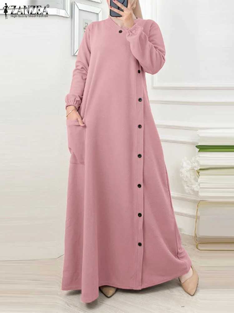 ZANZEA Muslim O Neck Long Dresses Buttons Casual Loose Long Slve Women 2024 A-line Vestidos Islamic Hijab Textured Abaya Robes X250514