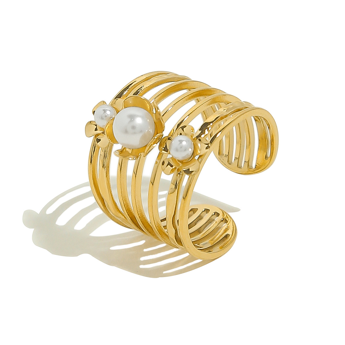 Multi-Layer Turquoise Stone Gold-Plated Adjustable Ring with Pearls, Chic and Elegant Open Design, Wholesale Fashion Jewelry