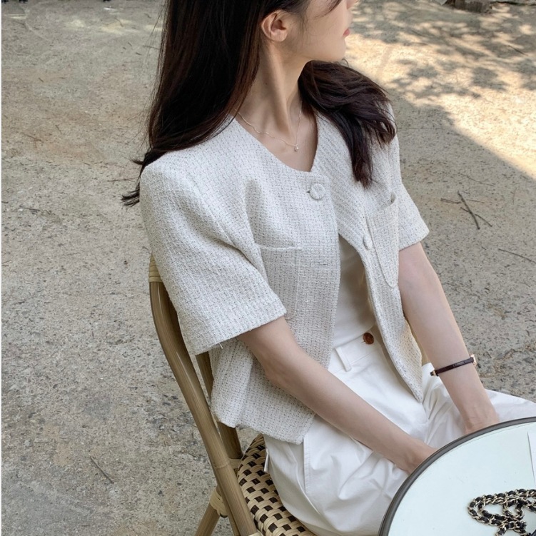 Korean chic temperament small fragrant style coarse tweed round neck versatile single breasted short sleeved cardigan small jacket for women 221007