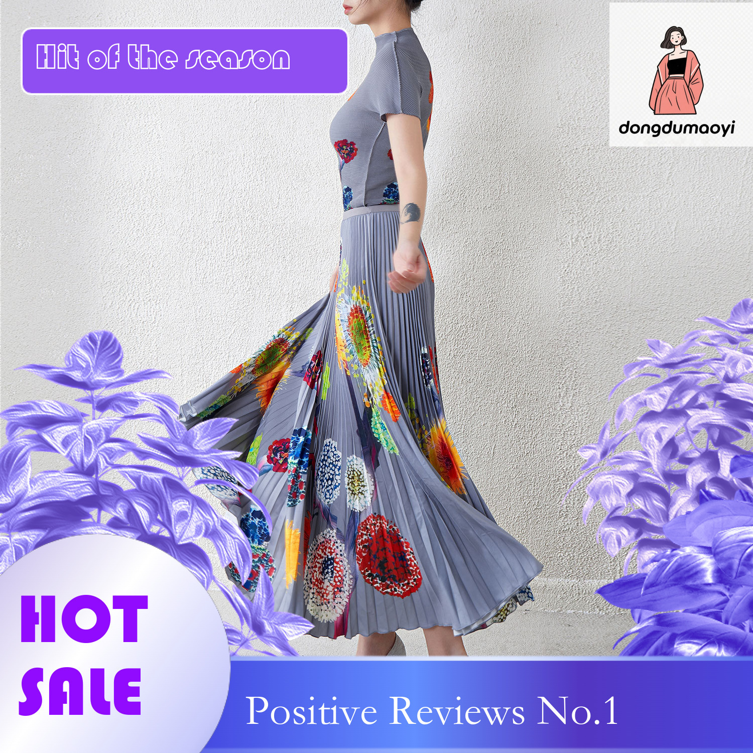 dongdumaoyi Miyake design style short sleeved T-shirt with a large display to cover the flesh, half skirt women's summer new style, two-piece set