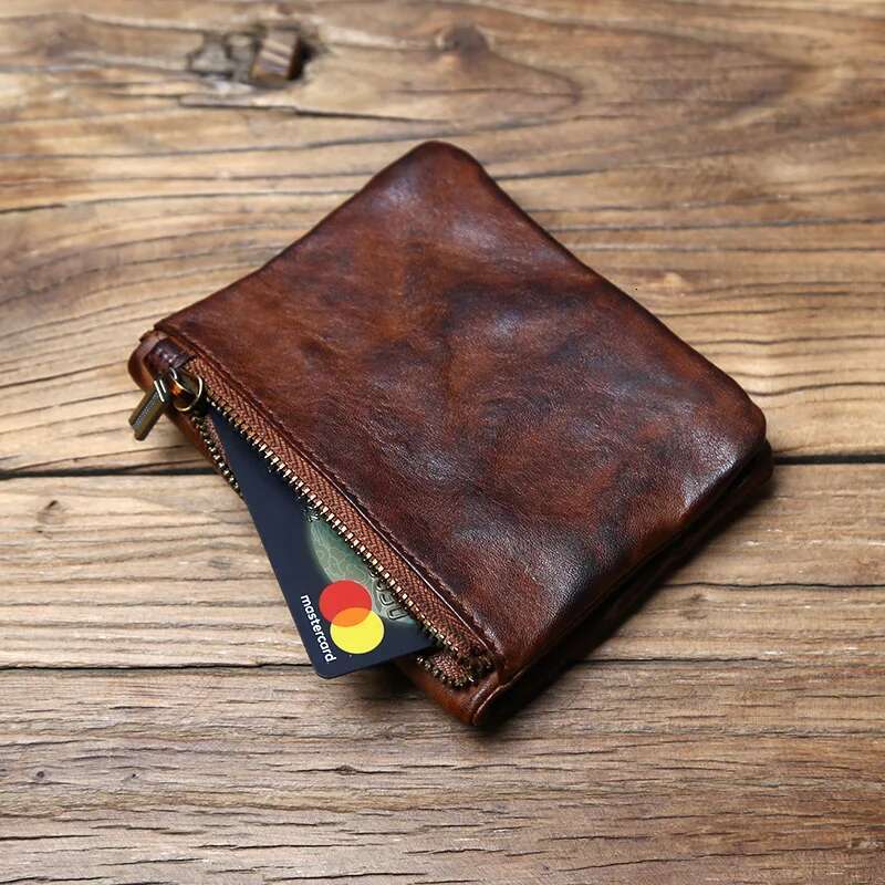 NZPJ Men's Cowhide Retro Women's Short Vegetable Tanned Leather Vertical Wallet Youth Zipper ID Card Case