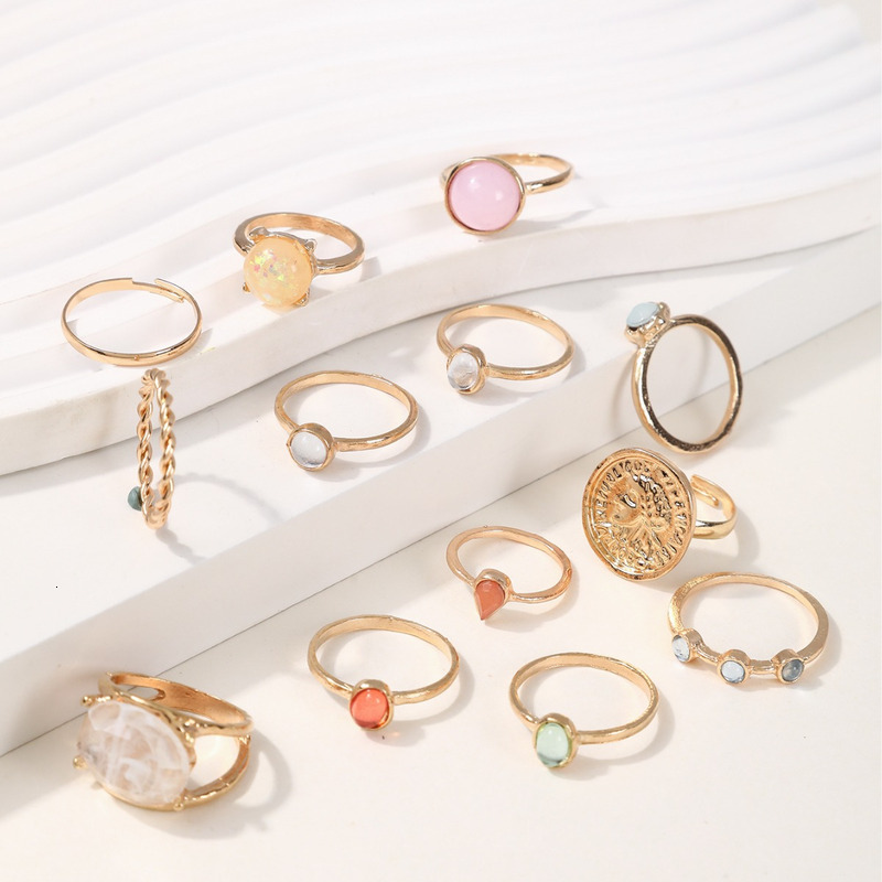 12 pieces of creative personalized jelly colored rings with diamond inlay relief set for women's jewelry