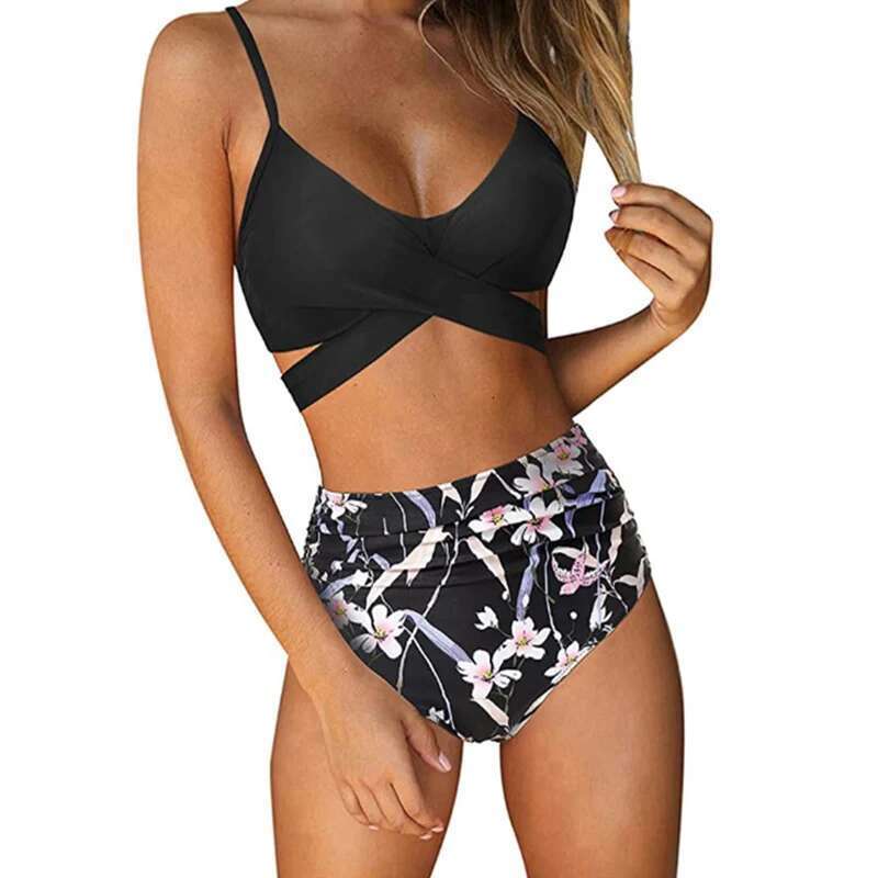 Two-Pieces Push-Up Padded Bra Bandage Bikini Set Women Criss Cross High Waisted String Floral Printed Bathing Suits