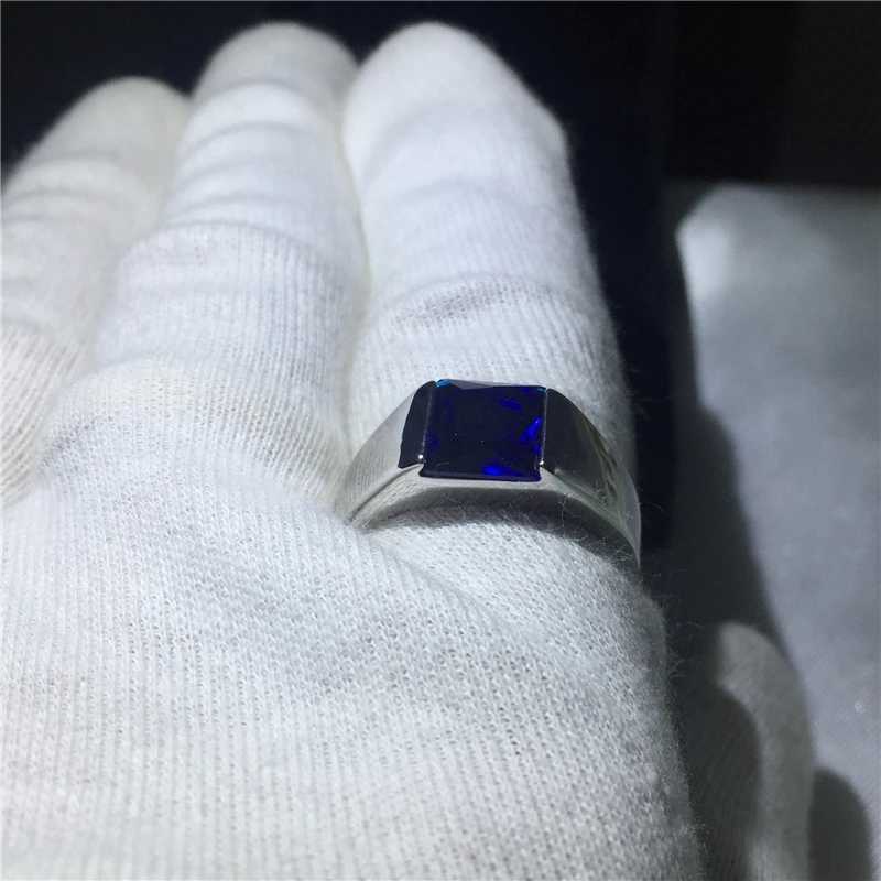 Solid s925 Sterling Silver Rings For Men Women Square Blue Sphire Stone Wedding Bands CZ Promise Engagement Ring Male JewelryXJ250514