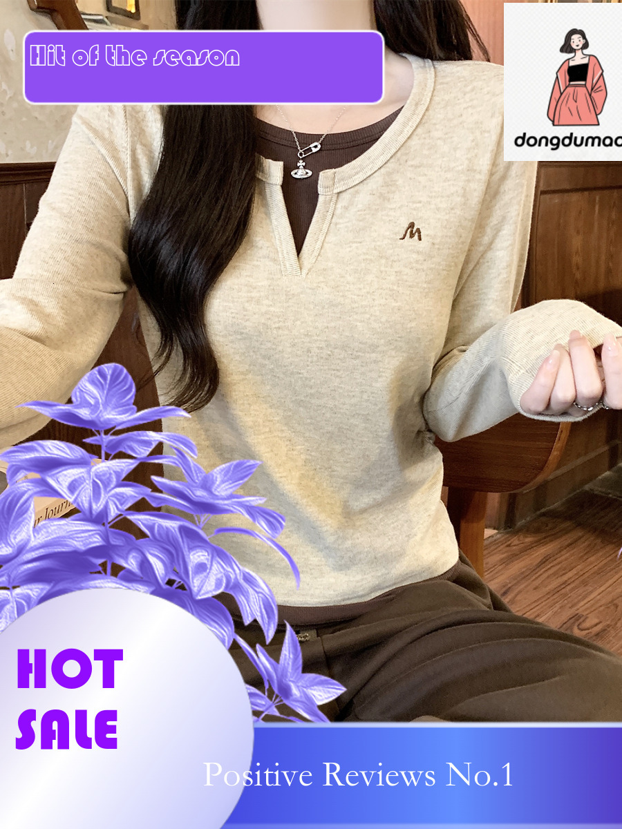 dongdumaoyi V-neck long sleeved fake two-piece spliced women's top 2025 spring new slim fit and slimming T-shirt short style with inner layer as 