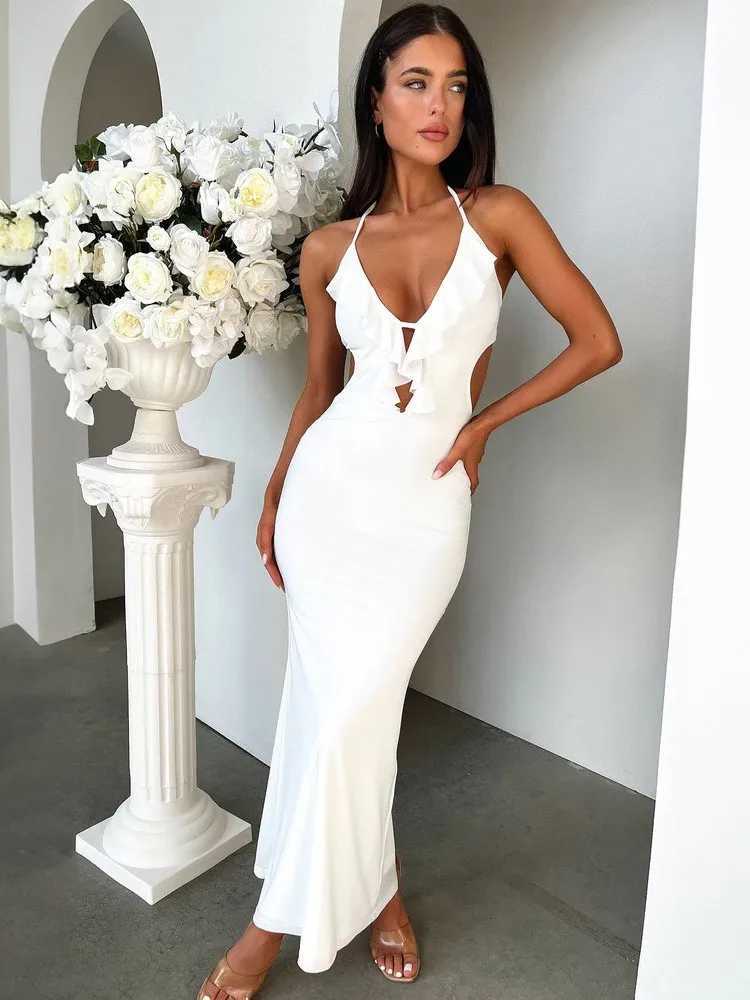 Solid Color Slim Halter Neck Dresses Women Sexy V-neck Hollow Out Backless Leace-up Bodycon Long Dress Trendy Party Club DressXJ250514