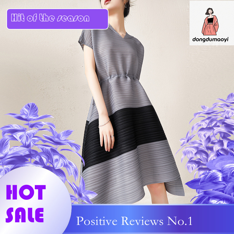 dongdumaoyi Miyake color blocking pleated summer belly covering dress high end stylish slimming and age reducing A level