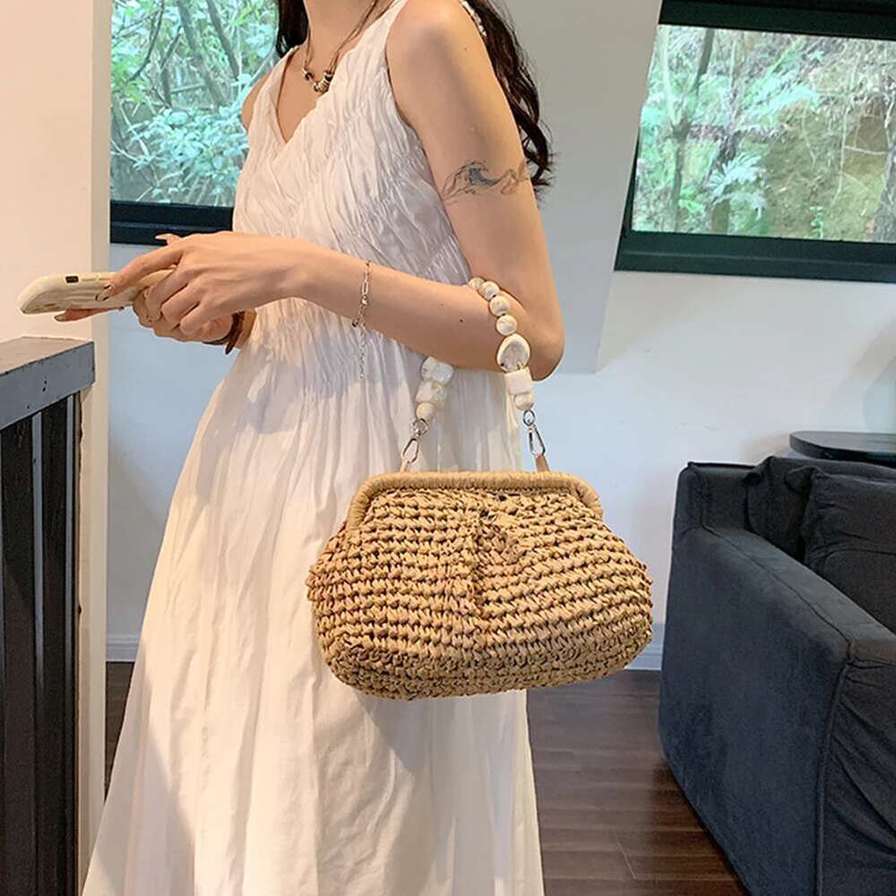Women Straw Crossbody Clutch Purse Weaving Shoulder Versatile Small Beading Handbag Rattan Boho Summer Beach Woven Bag