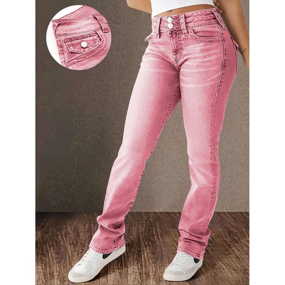 Women's Stretch Jeans Pink Wash, Low-Rise Slim Fit Denim With Hip Lift Effect, Double-Breasted Placket, Stylish And Sexy Jeans.