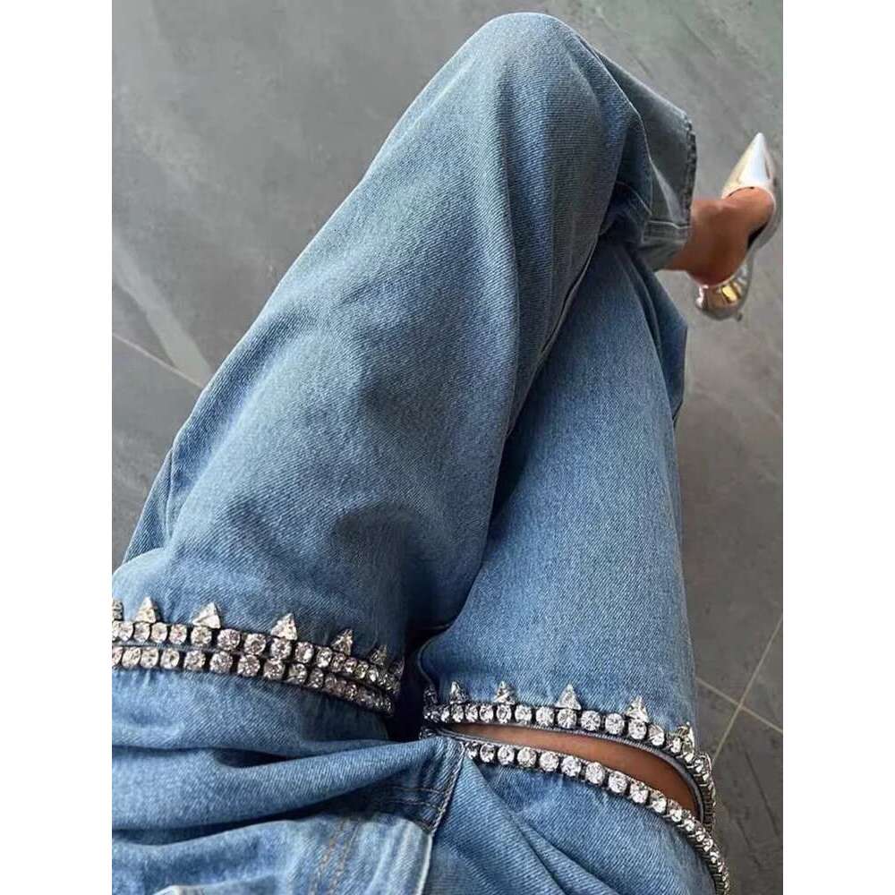 Patchwork Dias Hollow Out Casual Jeans For Women High Waist Spliced Pockets Loose Straight Denim Wide Leg Pants Female