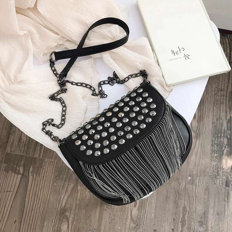 JIEROTYX Original Design Women Leather Dias Bags Sexy Rivet Shoulder Bag Lady Small Black Tassel Chains