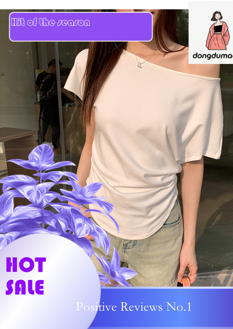 dongdumaoyi One short sleeved T-shirt for women in the summer of 2025, with an irregular design and a slim waist, sloping shoulder collarbone top