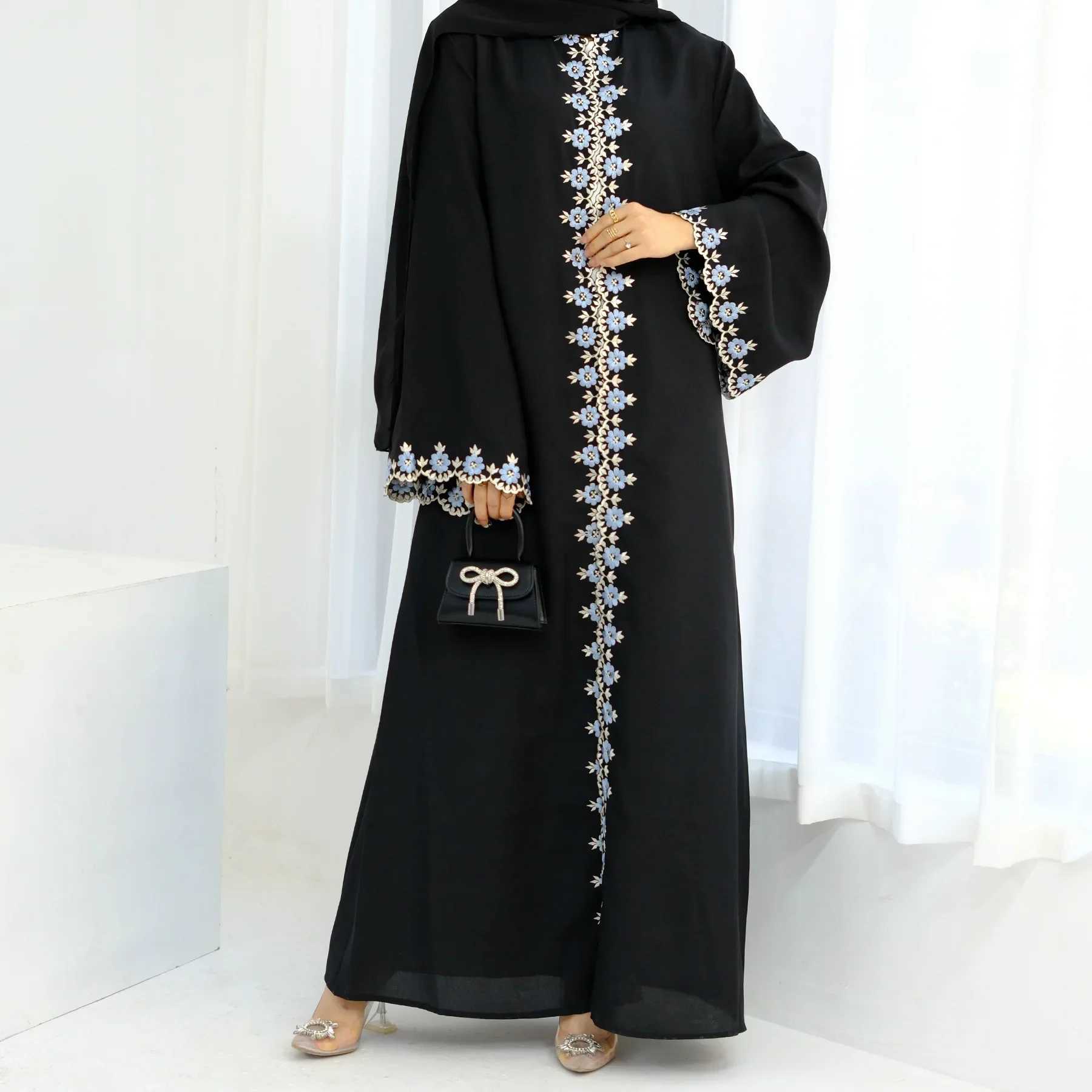 Eid Ramadan Flower Embroidery Abayas for Women Muslim Dress Dubai Open Abaya Turkey Kaftan Ka Caftan Marocain Femme Robe New X2505141