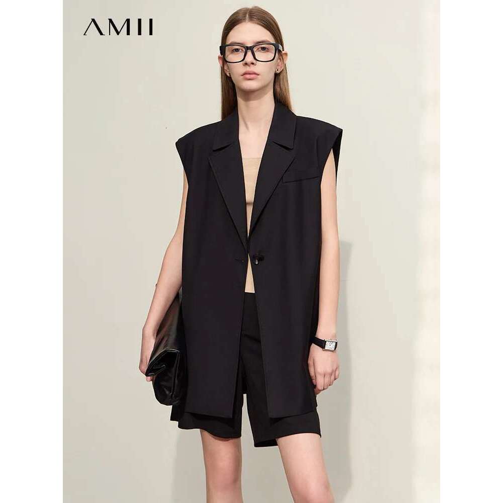 Amii Minimalism Autumn Blazer Vest for Women Loose Casual Sleeveless Notched Slit Jacket Fashion Outwear Female Clothes 12270105