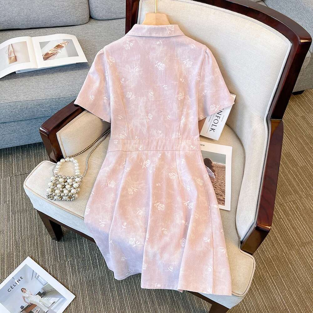 Summer Plus Size Women's Lapel Printed A-line Vintage Denim Loose Sweet Knee-length Skirt Commuter Daily big