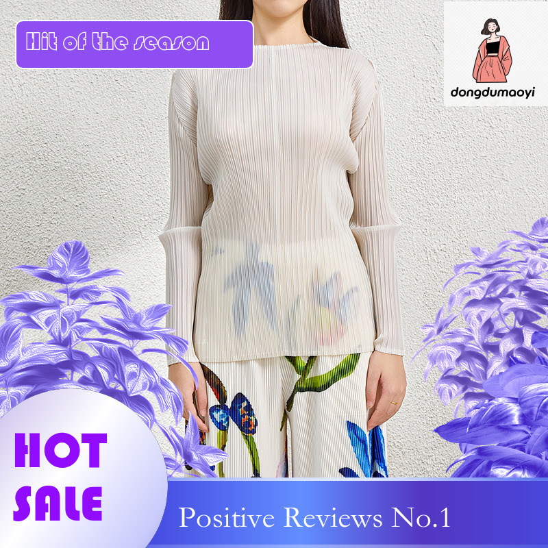 dongdumaoyi Miyake basic pleated top 2025 Spring and Autumn new Korean version slim fit half high neck striped long sleeved T-shirt