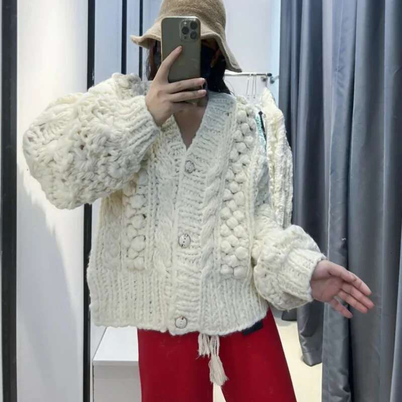 Women Handmade Chunky Cardigan Winter Bubble Sweater Knit Outwear