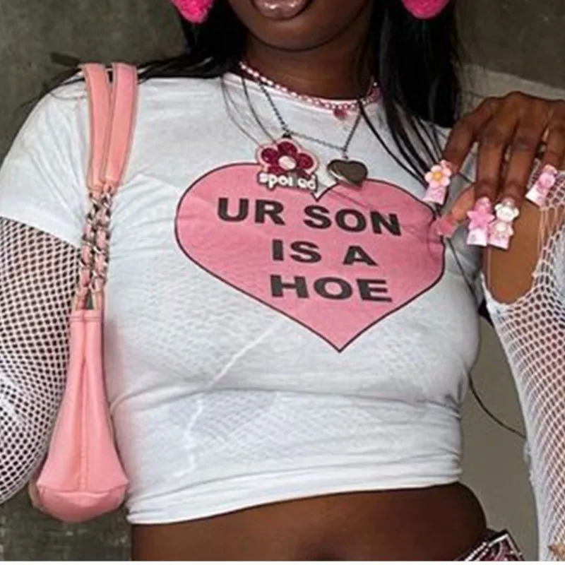 Y2K Style Letter HeartShaped Print Gothic Crop Tops ONeck Grunge HipHop Short Leeve Tshirts Women Clothes Fashion Woman 250514