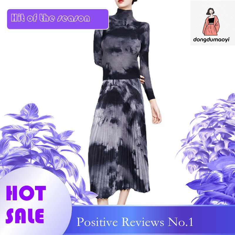 dongdumaoyi Women's new Miyake blend printed long sleeved plus size T-shirt fashionable high waisted pleated skirt women's suit