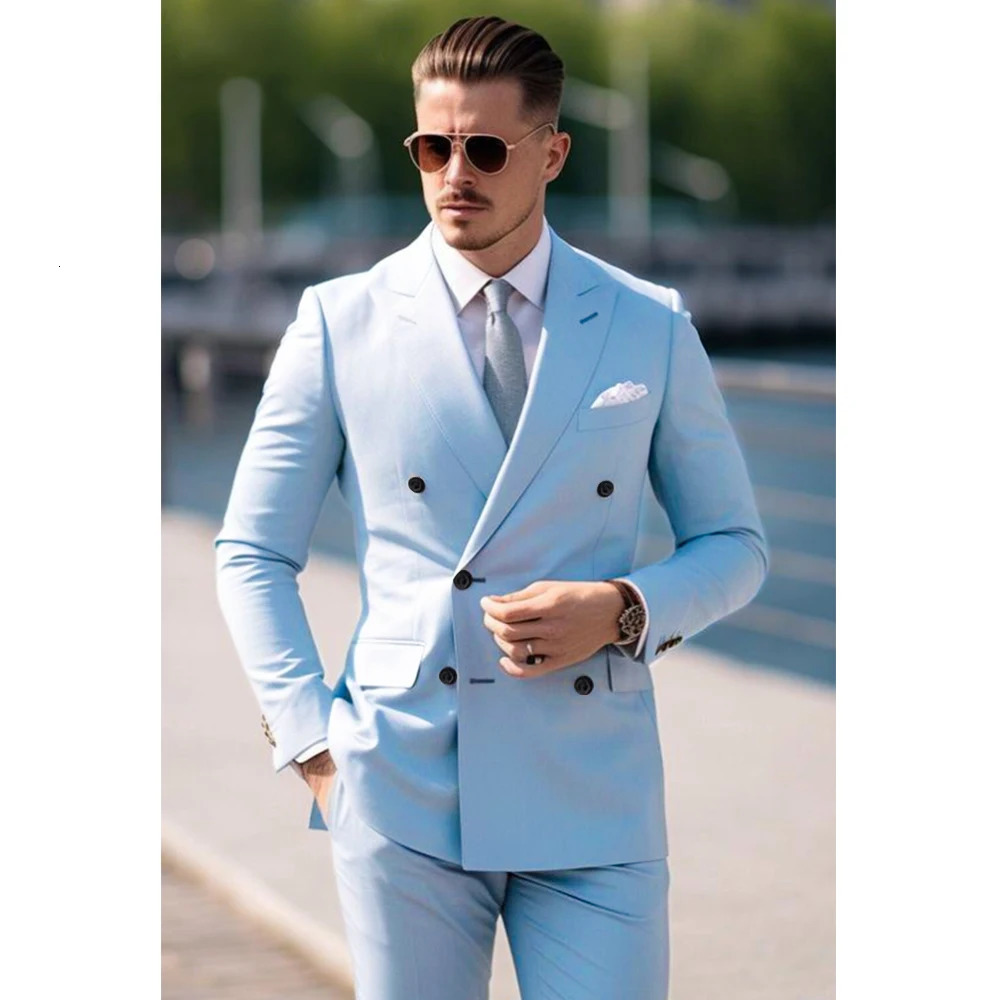 Blue mens suit double chest notch lapel 2piece jacket pants clothing formal wedding slim fit set 250506