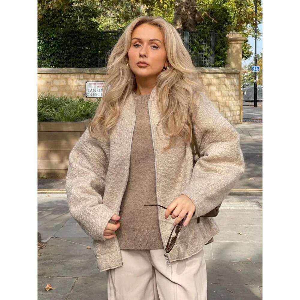 ZBZA Women's Bomber Jacket Solid Stand Collar Long Sleeve Pocket Zip Elastic Hem Oversize Outerwear Fall Winter Female Chic Coat