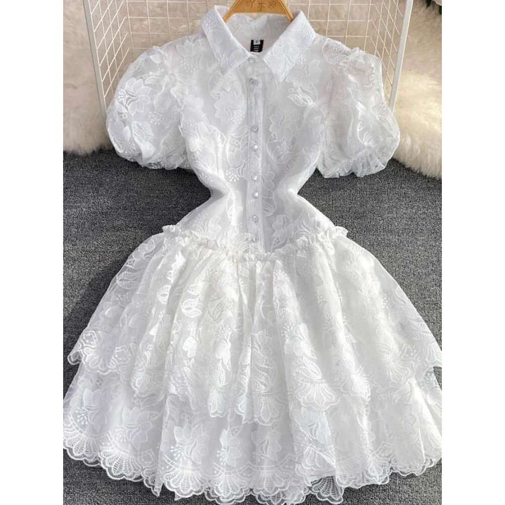 Summer Chic Lace Patchwork Dress for Women Puff Sleeve Lapel Tierred Ladies Dresses A-line Sweet Girls Vestidos Dropshipping