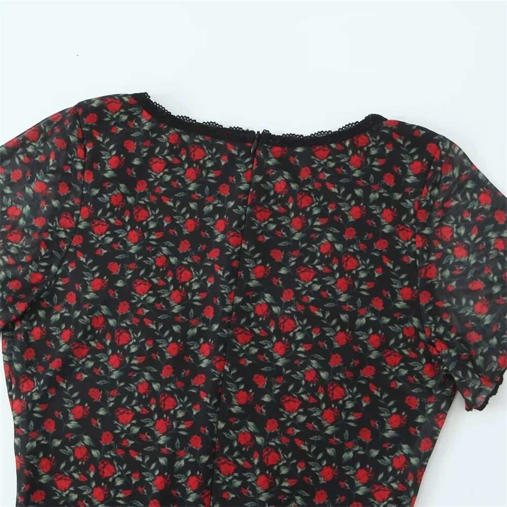 ZAR4 Summer New Women's European and American Pure Desire Rose Print V-neck Slim Fit Waist Long Dress