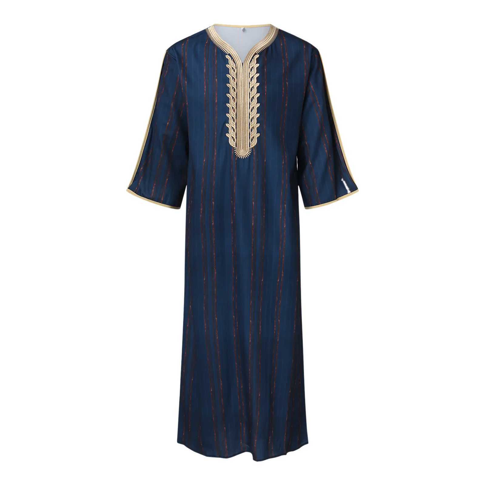 MenS Clothing Seasonal Embroidered Striped Mid-Length Sleeve Muslim Robe Striped Hand Embroidered Loose Jalaba Abaya MenS Robe X250514