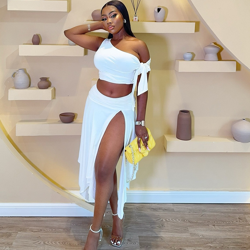 Wind ins womens skirt set sexy sleeveless single shoulder top with ribbon half body split skirt two-piece set suits