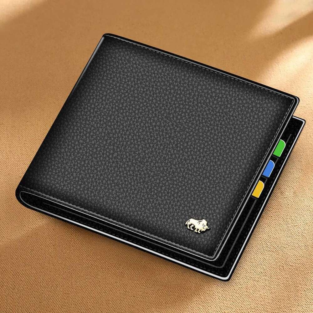 BISON DENIM 100% Cow Leather Small Men Bifold Credit Card Holder Wallet RFID Blocking Purse Best Gift Male Pocket Bag