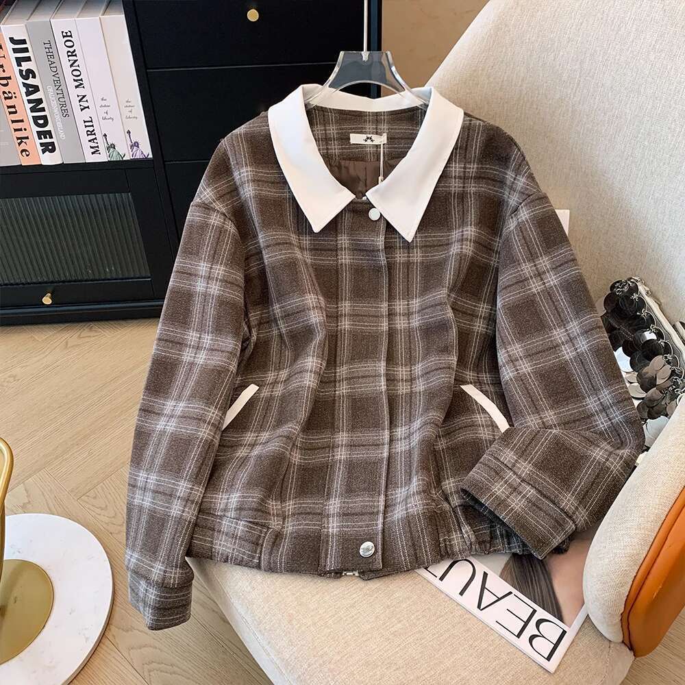 Autumn and Winter Plus Size Women's Tweed Plaid Suit Lapel Loose Jacket A-line High Waisted Skirt Casual Commuter