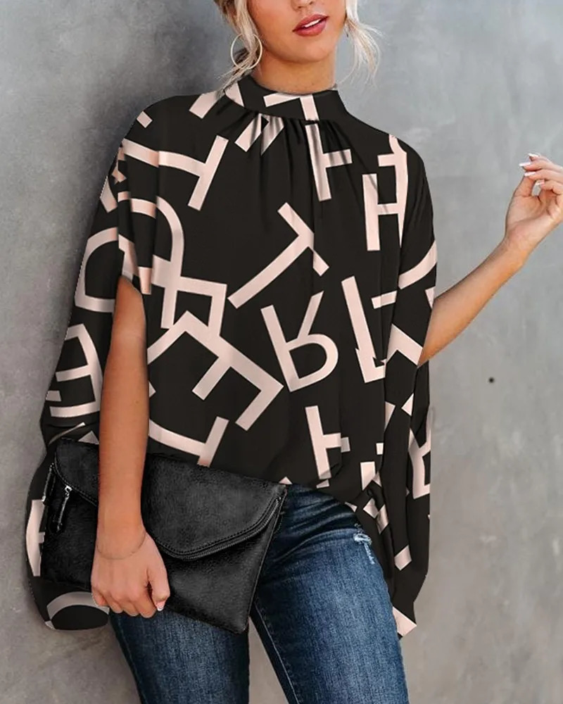 Womens Cape Sleeve Oversize Blouse Tie Closure High Neckline Caftan Body Loose Tops 250514