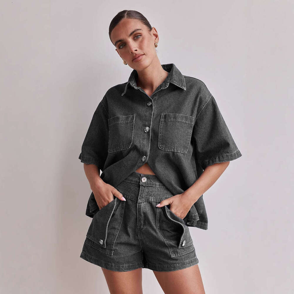 2025 Summer Womens Casual Loose Shirt Shorts Set Denim Women Long Washable High Elasticity Non-ironing New Pattern Versatile New Arrival New Product