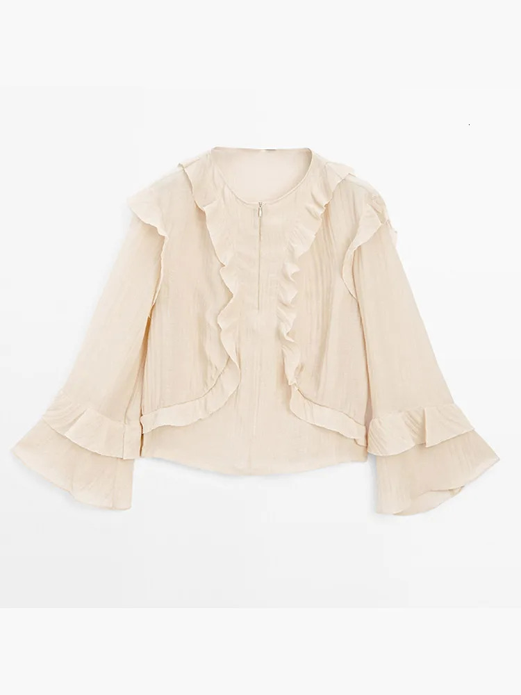 Chic Ruffle Chiffon Top Women Fashion Matching O-neck Flare Sleeves Zippers Tops Female 2025 Spring Summer Casual Lady Shirts 250513