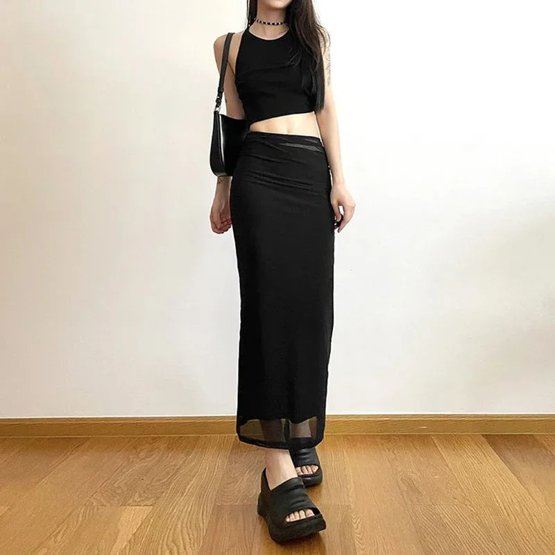 Y2K Black Long Skirts Women Harajuku Sexy Mesh Patchwork Wrap Skirt Summer Gothic Korean High Waist Slim A Line Foldas 250514