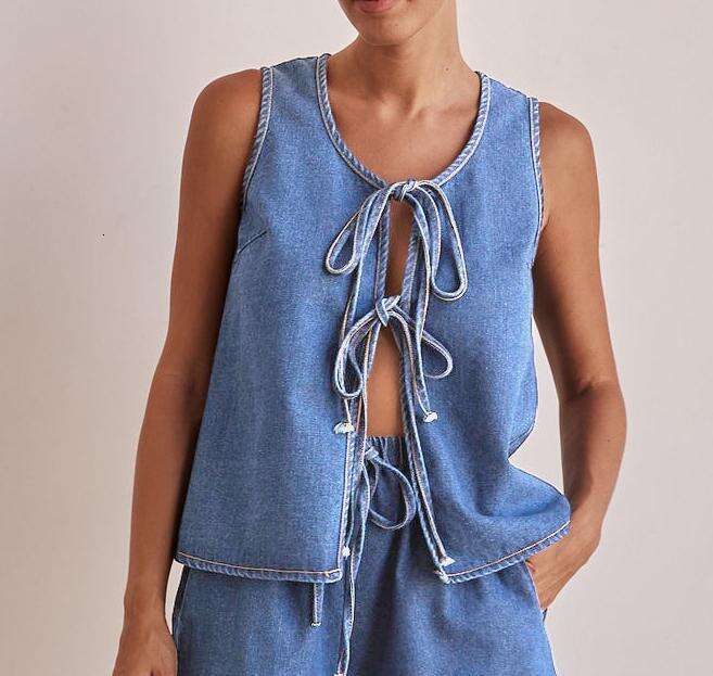 2025 Style Summer Fashion Casual Sleeveless Lace Up High Waisted Womens Vest Denim Suit Shorts for Women High Elasticity Versatile Printing New Produc