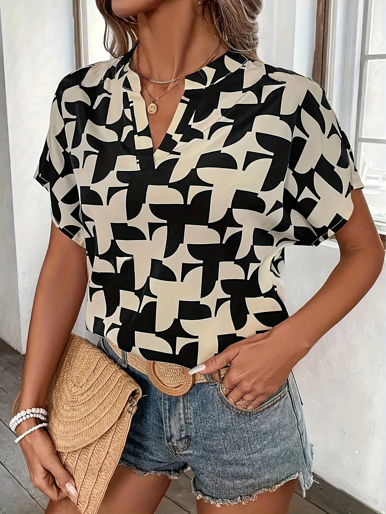 Elegant Summer Womens Print Shirt Casual Office Lady Notched V Neck Batwing Sleeve Blouses Tops 250514