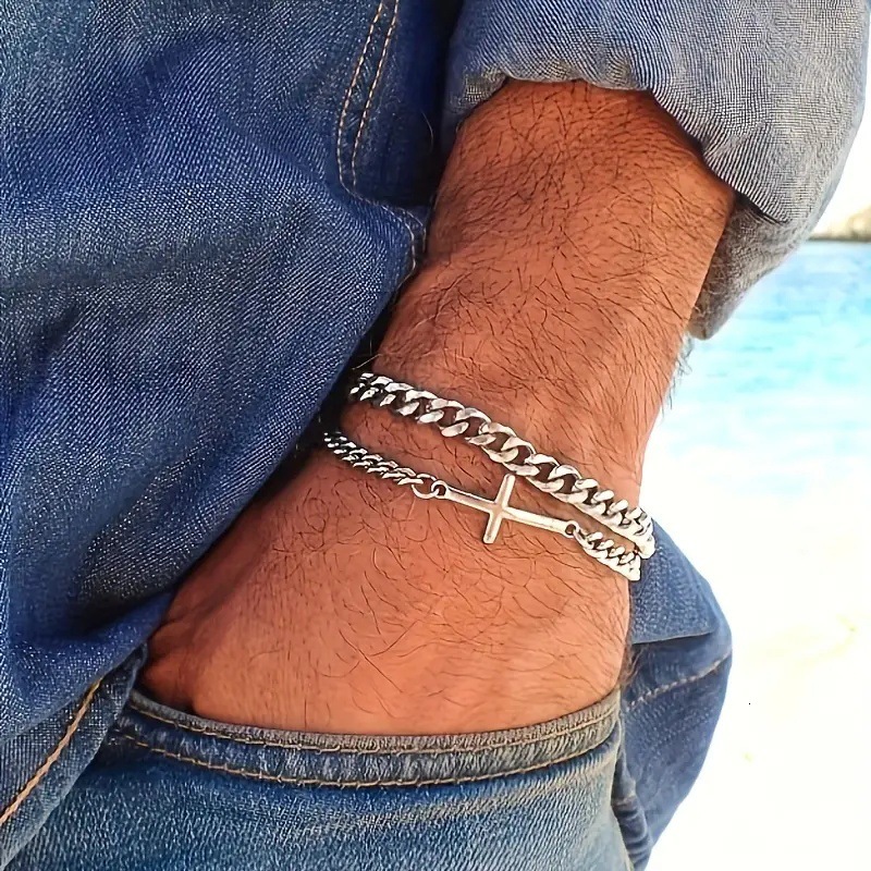 Jewelry Metal Cuban Chain Cross Double layer Men's Bracelet Fashion Versatile Handpiece