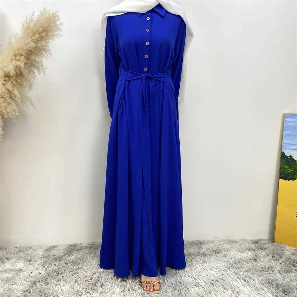 Muslim women summer hot sale chiffon dress Middle East Dubai Turkey solid color loose button elegant temperament dress with pock X250514