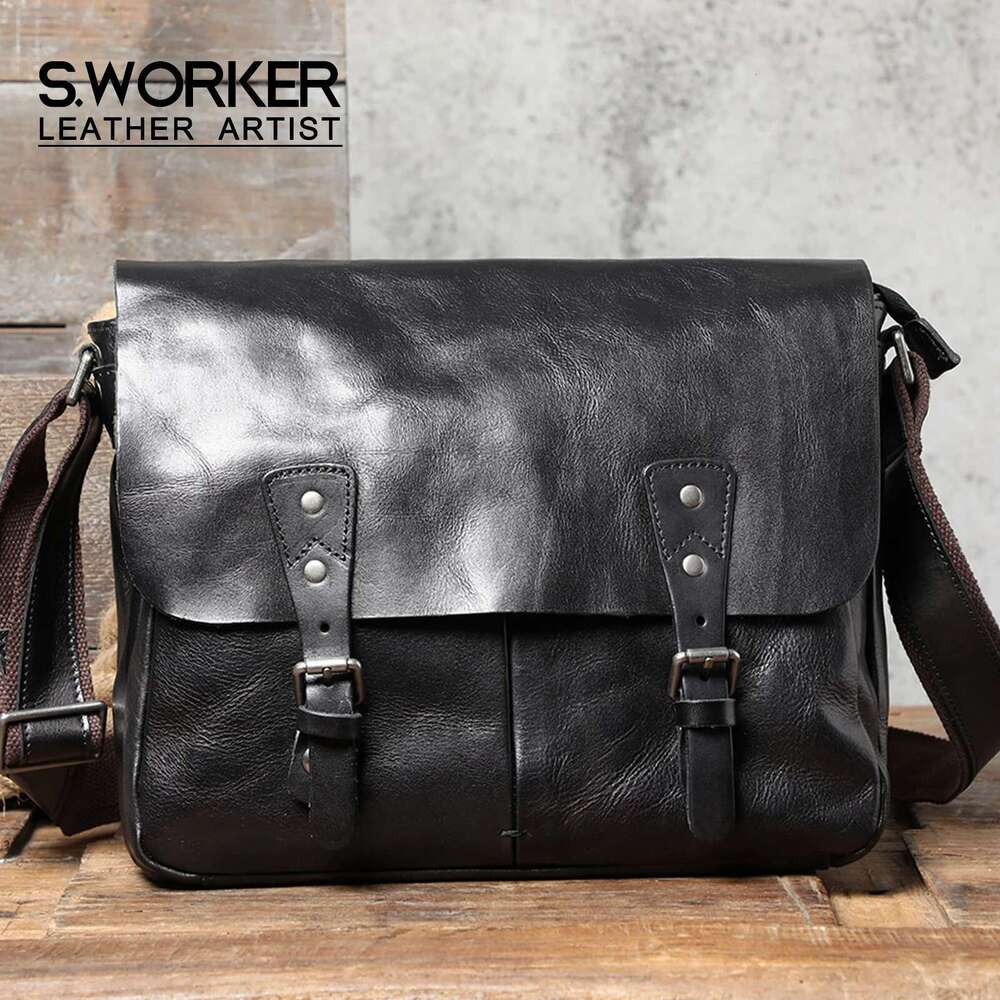 S.WORKER Genuine Leather Men's Shoulder Bag, Crossbody Simple Messenger Bags Cowhide Bag,Vegetable-tanned Fashion Casual
