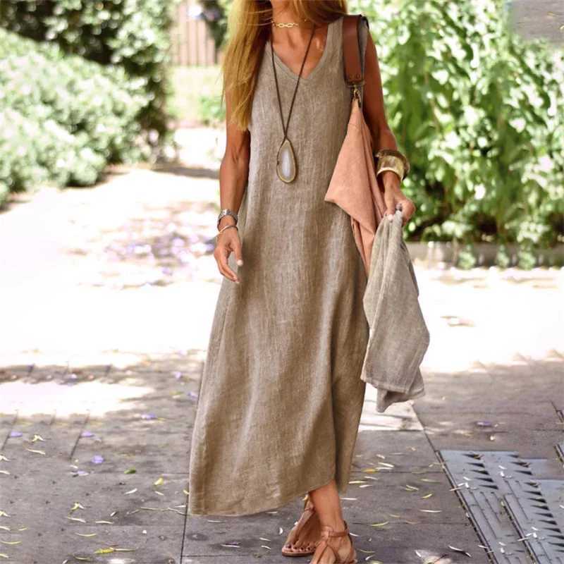 Women New Cotton Linen Solid Color Dresses Summer Sleeveless V Neck Pullover Dress Female Commuter Casual Comfortable Long GownXJ250514
