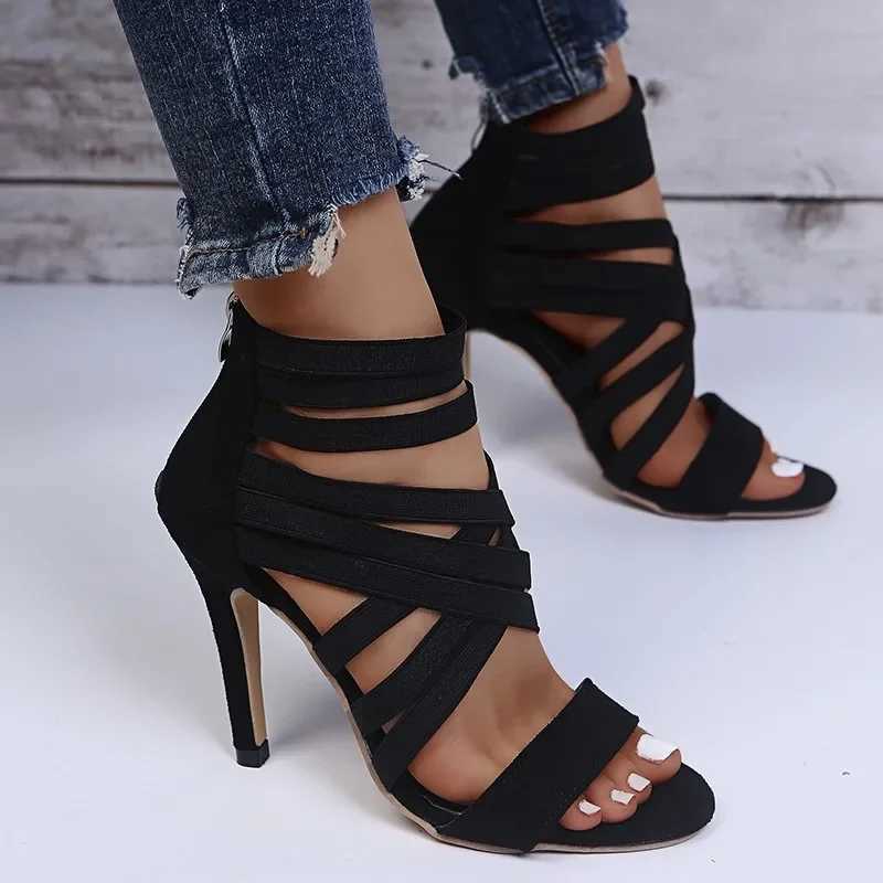 Summer womens fashion bandage back zipper sandals 2025 sexy pointed toe versatile solid color banquet party stilettos large 43 W250514